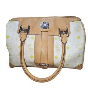 MCM Vintage Visetos leather Boston bag in a white and yellow colorway.